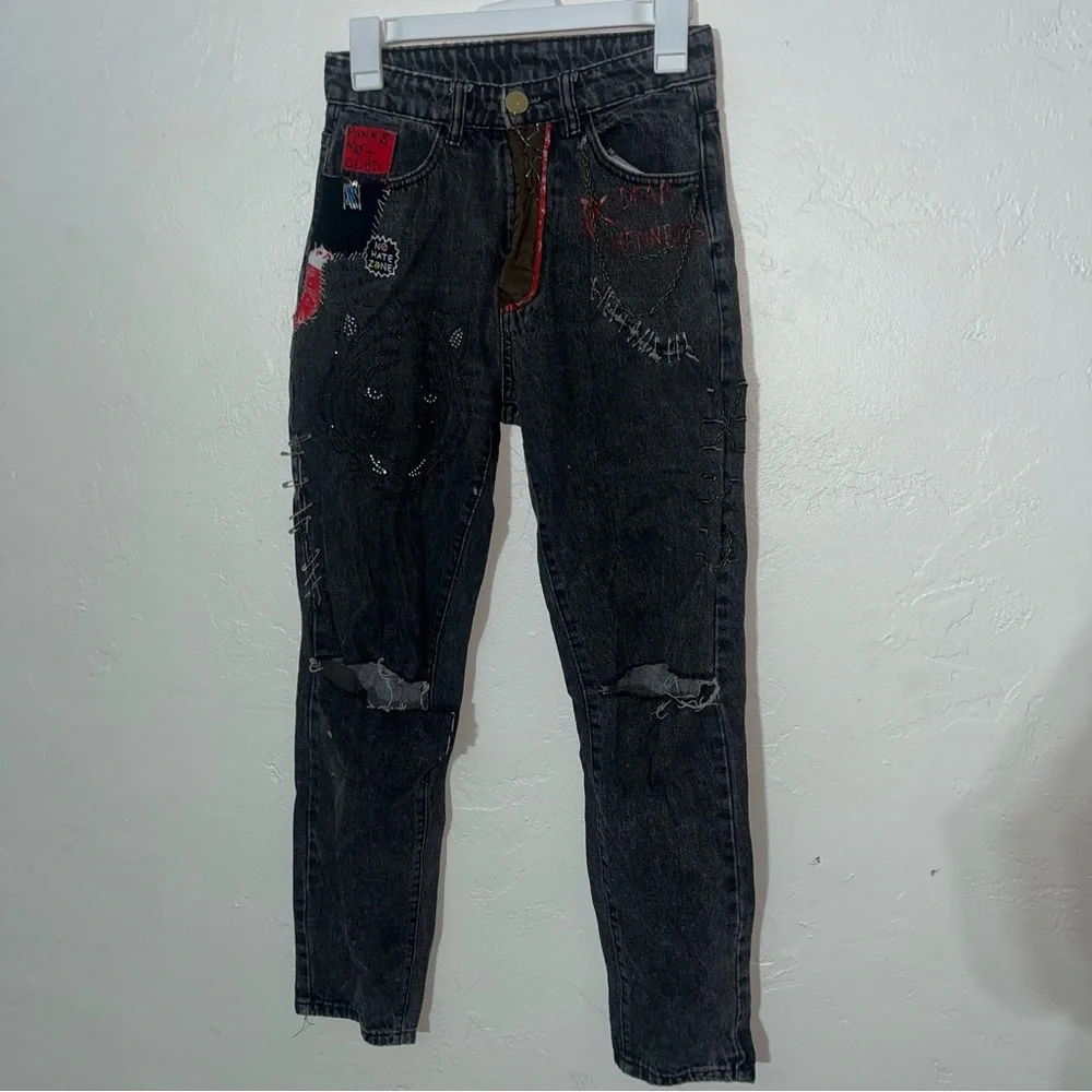 Punk’s Not Dead Grunge Jeans with Chains Embellished Patches Handmade Crust Goth - Picture 4 of 12
